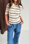 Continue - T-shirt - Eva Polo Ss - Sand/Blue Stripe