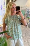 JDY - Top - JDY Piper SS Smock Frill Top - Cloud Dancer/Green Dits 