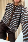 Noella - Cardigan - N-Mertice Knit Cardigan - Brown Blue Stripe