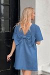 Pieces - Kjole - PC Dove SS O-Neck Bow Short Dress - Medium Blue Denim