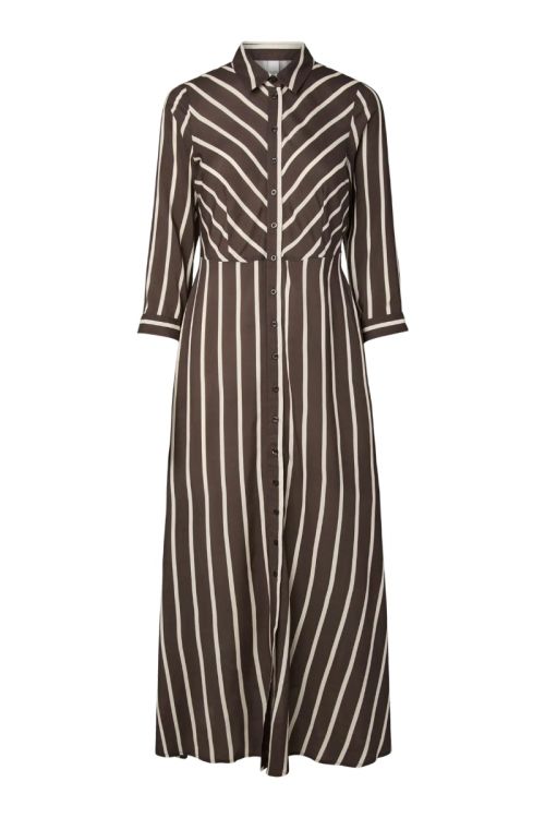 Y.A.S Kjole Savanna Long Shirt Dress Chocolate Brown Thin Ecru Stripe