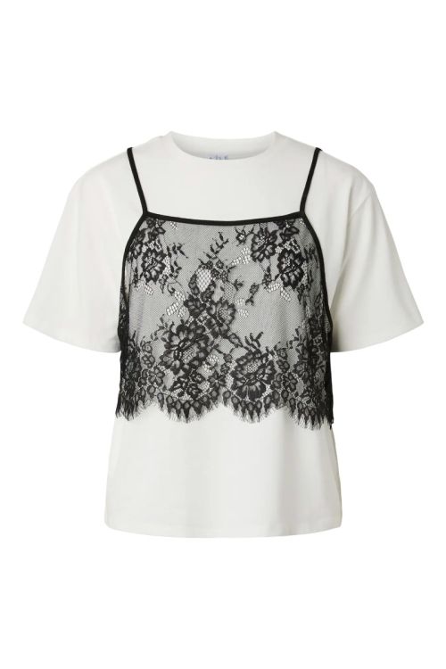 Pieces PCFNUG LS LACE SINGLET LAYER TEE JRS D2D Bright White Black lace top