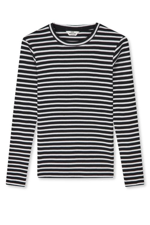 Mads Nørgaard - Bluse - 2X2 Cotton Stripe Tuba Tee Ls - Black/White Alyssum
