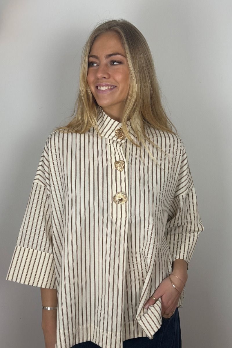 Continue - Bluse - Klara high neck 3/4 stripe - Brown stripe