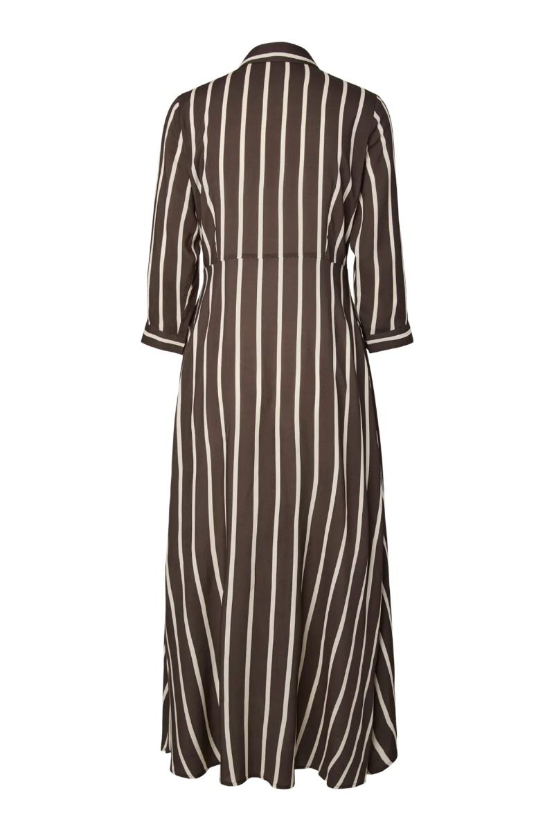 Y.A.S - Kjole - Savanna Long Shirt Dress - Chocolate Brown Thin Ecru Stripe
