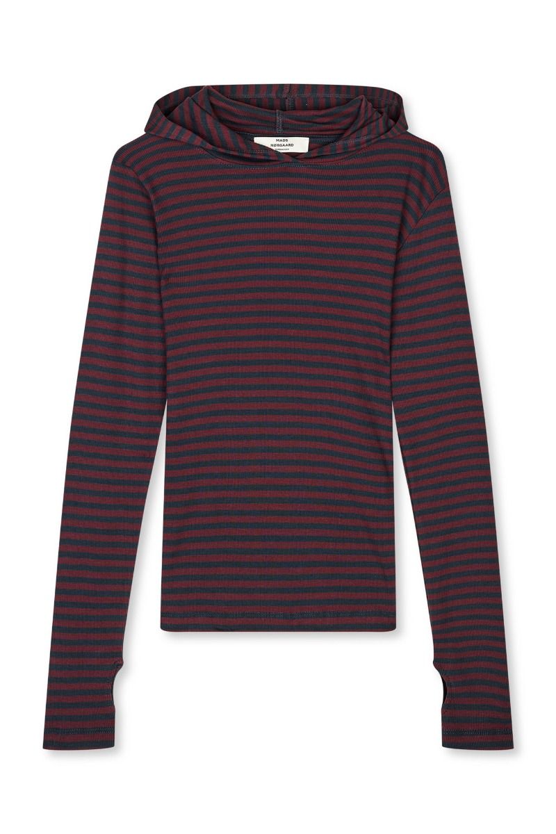 Mads Nørgaard - Bluse - 2x2 Cotton Stripe Tutti Hood - Sky Captain/Winetasting