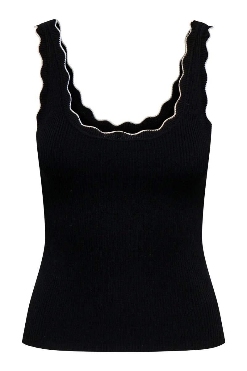 JDY - Top - JDYNanna S/L Scallop Edge Top Knit - Black W. Cloud Dancer Contrast 