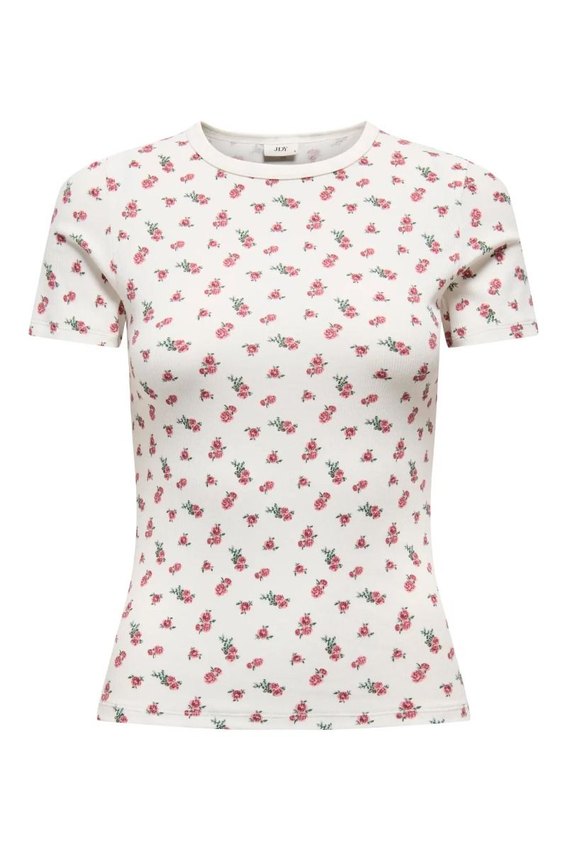 JDY - T-Shirt - Lucky S/S O Neck Top -  Cloud Dancer Rose Print