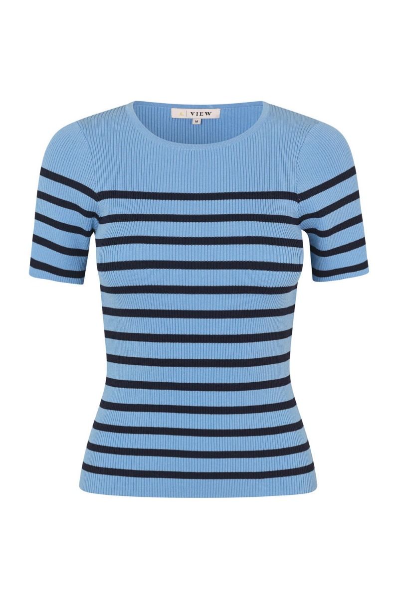 A-View - T-shirt - Rib Stripe Short Sleeve Top - Blue/Navy