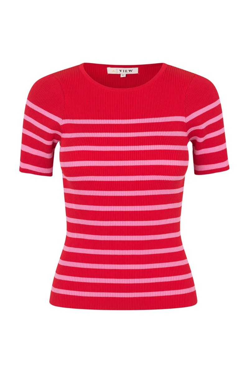 A-View - T-shirt - Rib Stripe Short Sleeve Top - Rose/Red