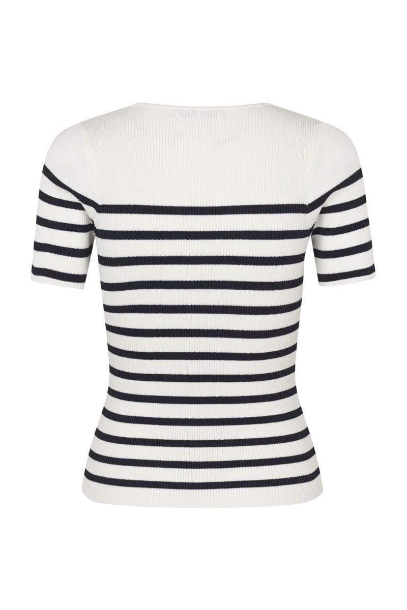 A-View - T-shirt - Rib Stripe Short Sleeve Top - White/Navy