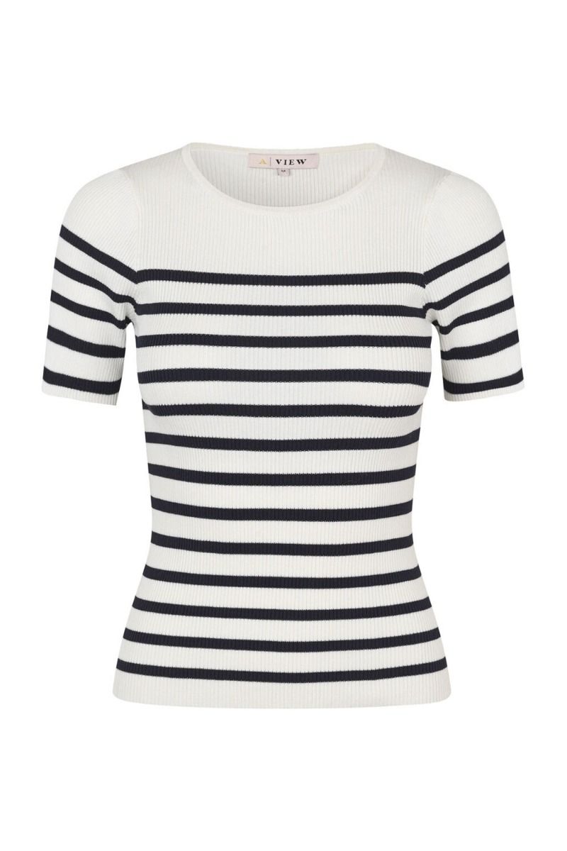 A-View - T-shirt - Rib Stripe Short Sleeve Top - White/Navy