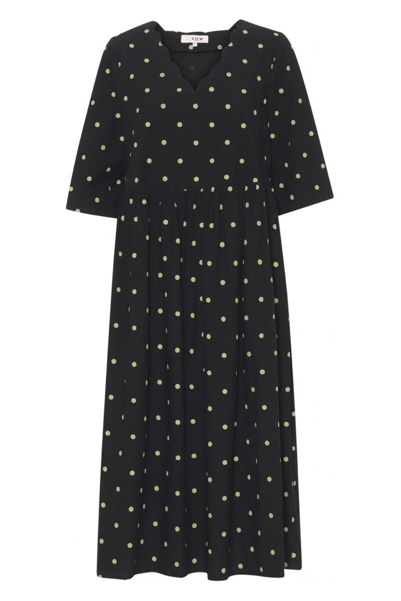 A-View - Kjole - Sassi Midi Dress - Black With Green Dots