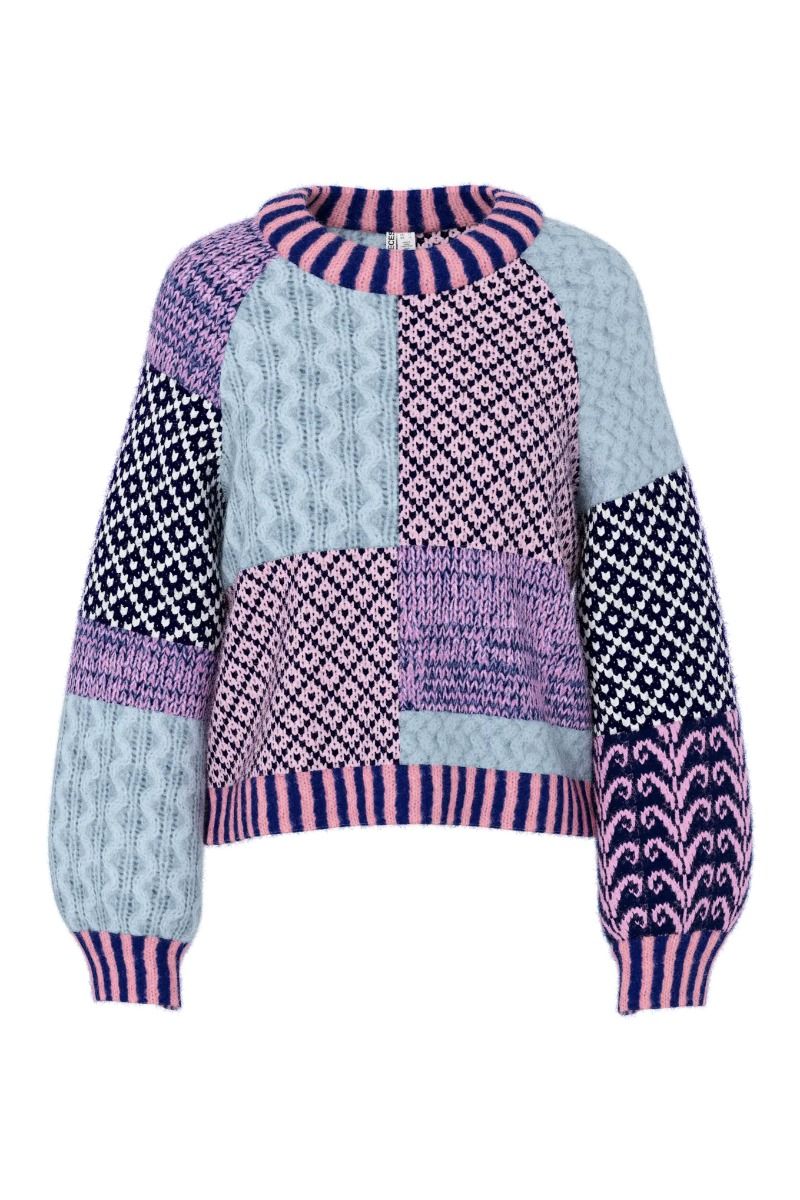 Pieces - Strik - Fusion LS O-Neck Colorblock Knit - Sachet Pink Blue and purple colorblock