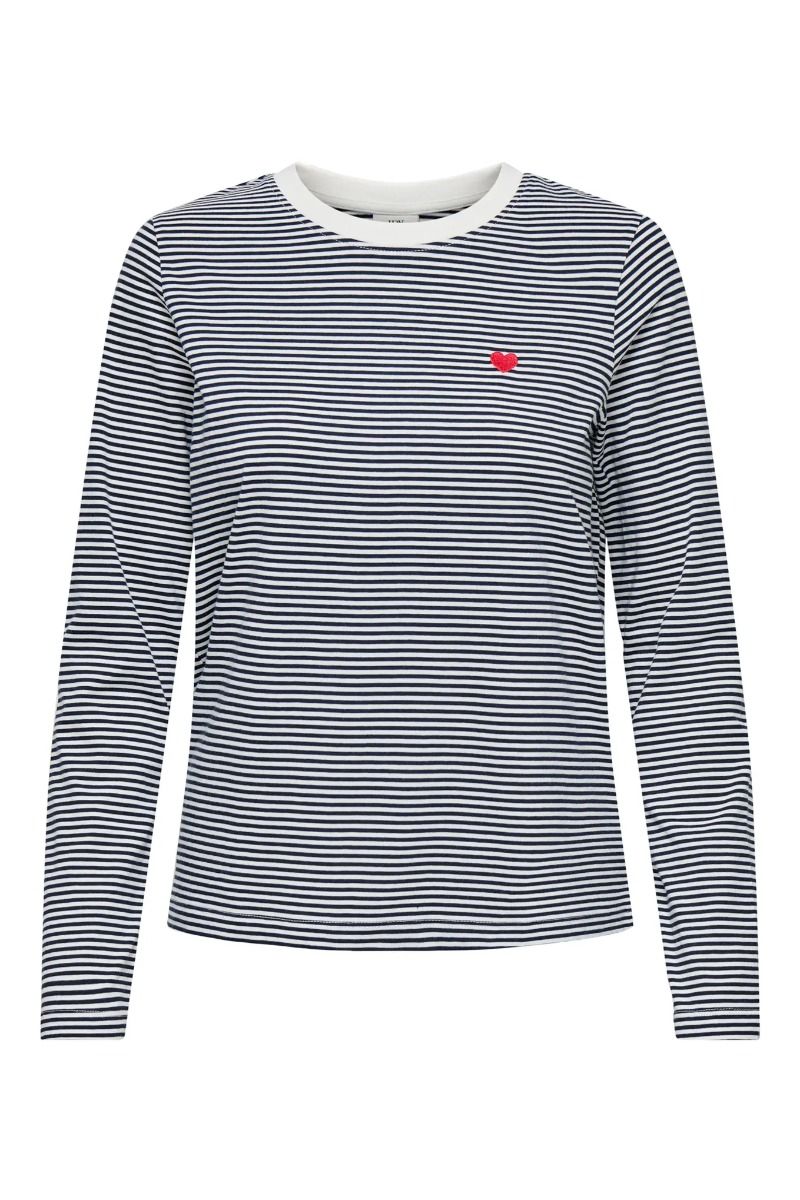 JDY - Bluse - Pisa L/S Print Top - Cloud Dancer/Sky Captain Stripes/BS Heart
