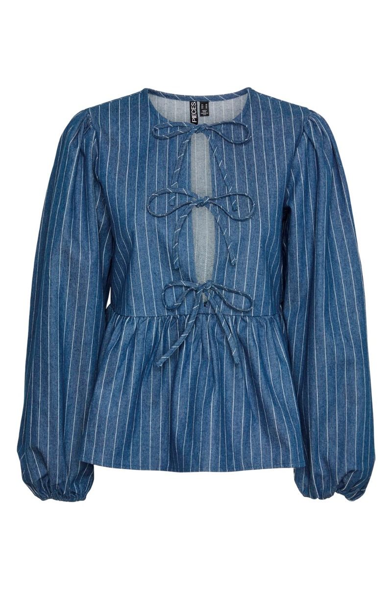 Pieces - Bluse - PC Amilda LS Tie top - Medium Blue Denim 