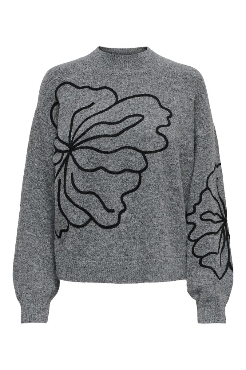 JDY - Strik - Jella L/S Flower Pullover - Dark Grey Melange
