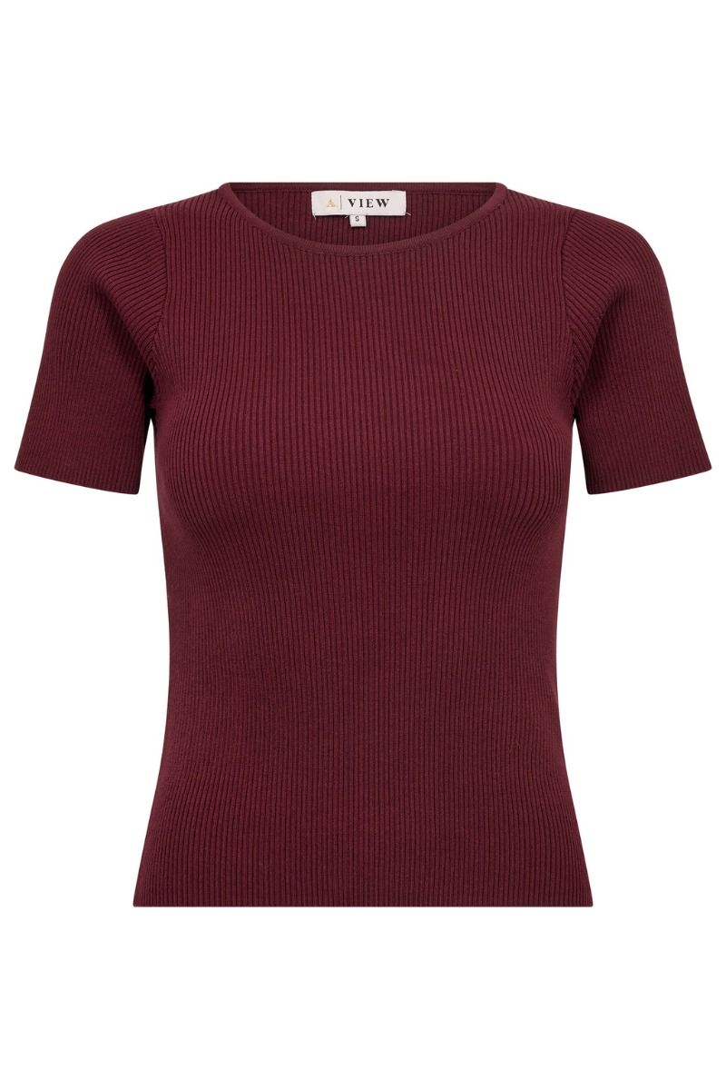 A-View - T-shirt - Rib Knit Short Sleeve Top - Burgundy