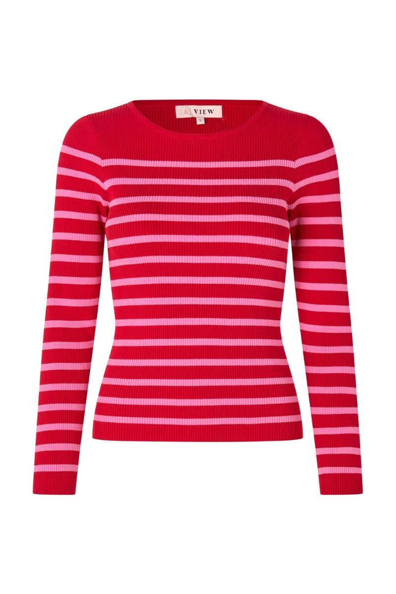 A-View - Bluse - Rib Stripe Knit Blouse - Rose/red