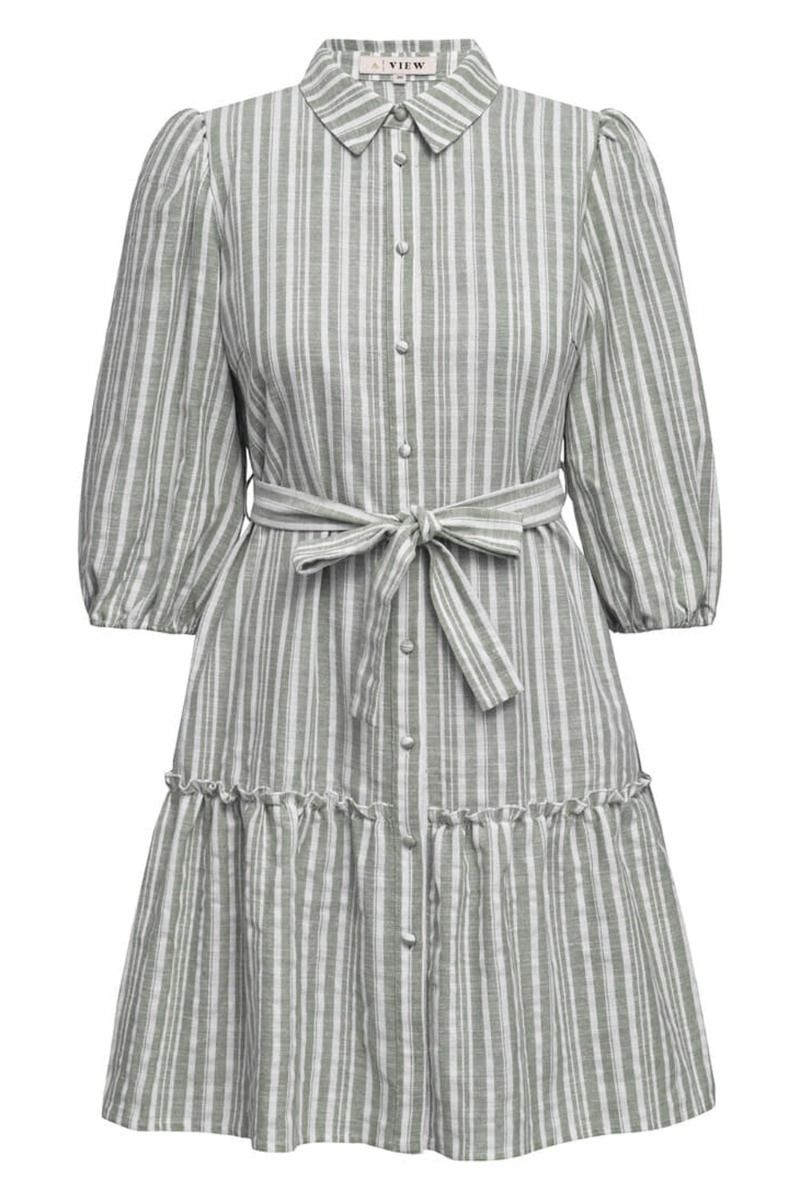A-View - Kjole - Linen Stripe Dress - Army/White