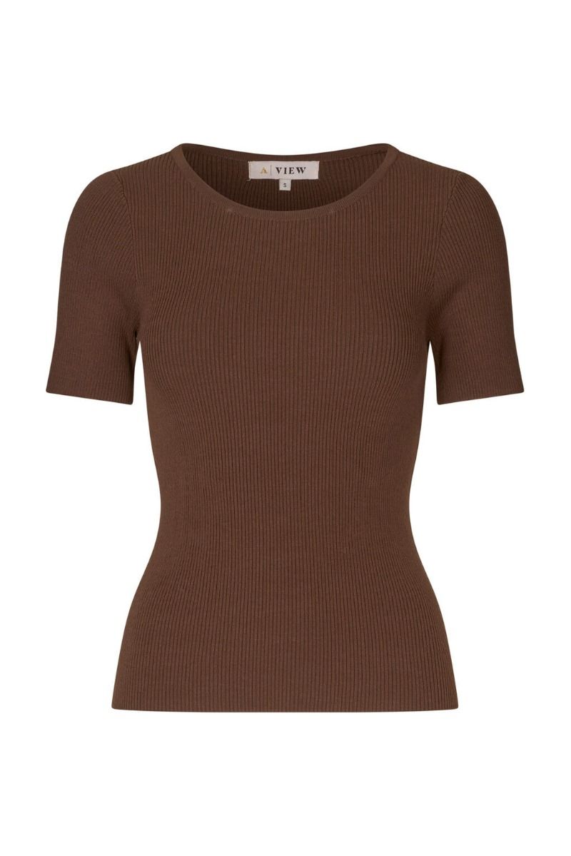 A-View - T-shirt - Rib Knit Short Sleeve Top - Brown