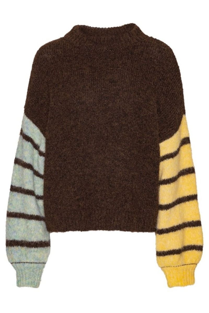 A-View - Strik - Patrisia Block Knit Pullover - Dark Brown/Mint/Yellow