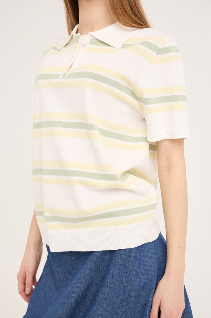A-View - T-shirt - Polo Stripe Knit Blouse - White/Yellow