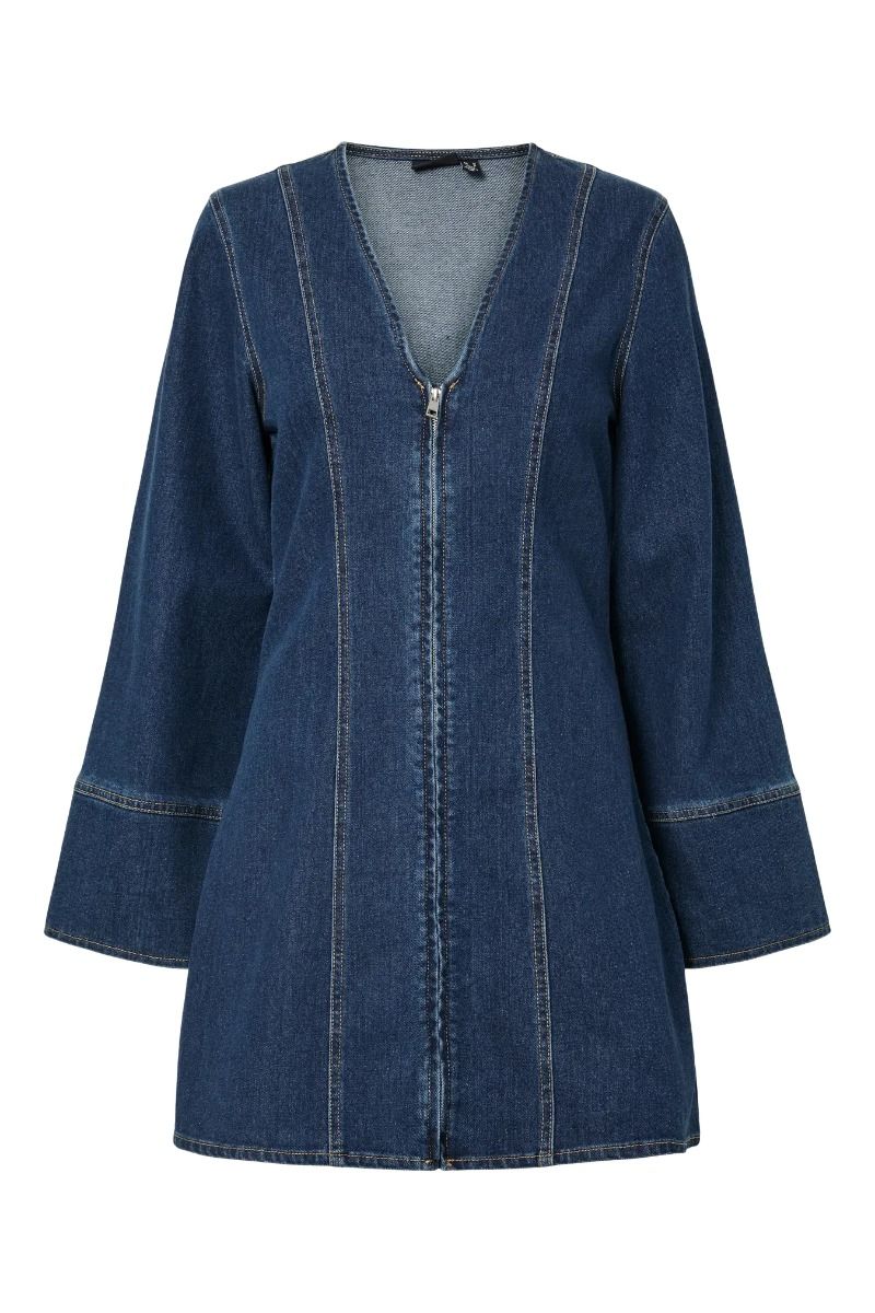Pieces - Kjole - Flora LS Denim Dress - Dark Blue Denim