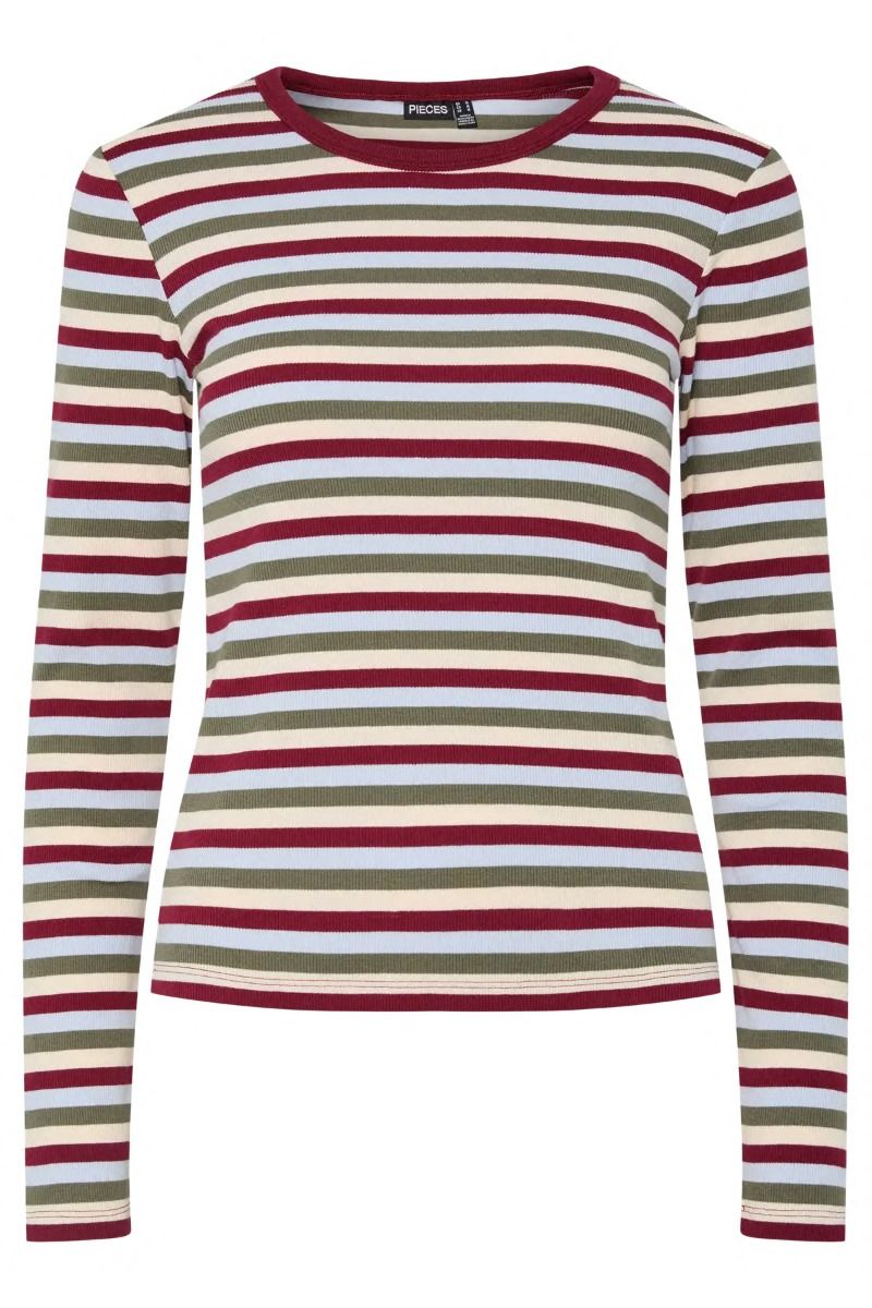 Pieces - Bluse - May LS Striped Top - Deep Lichen Green Beet red/xenon blue