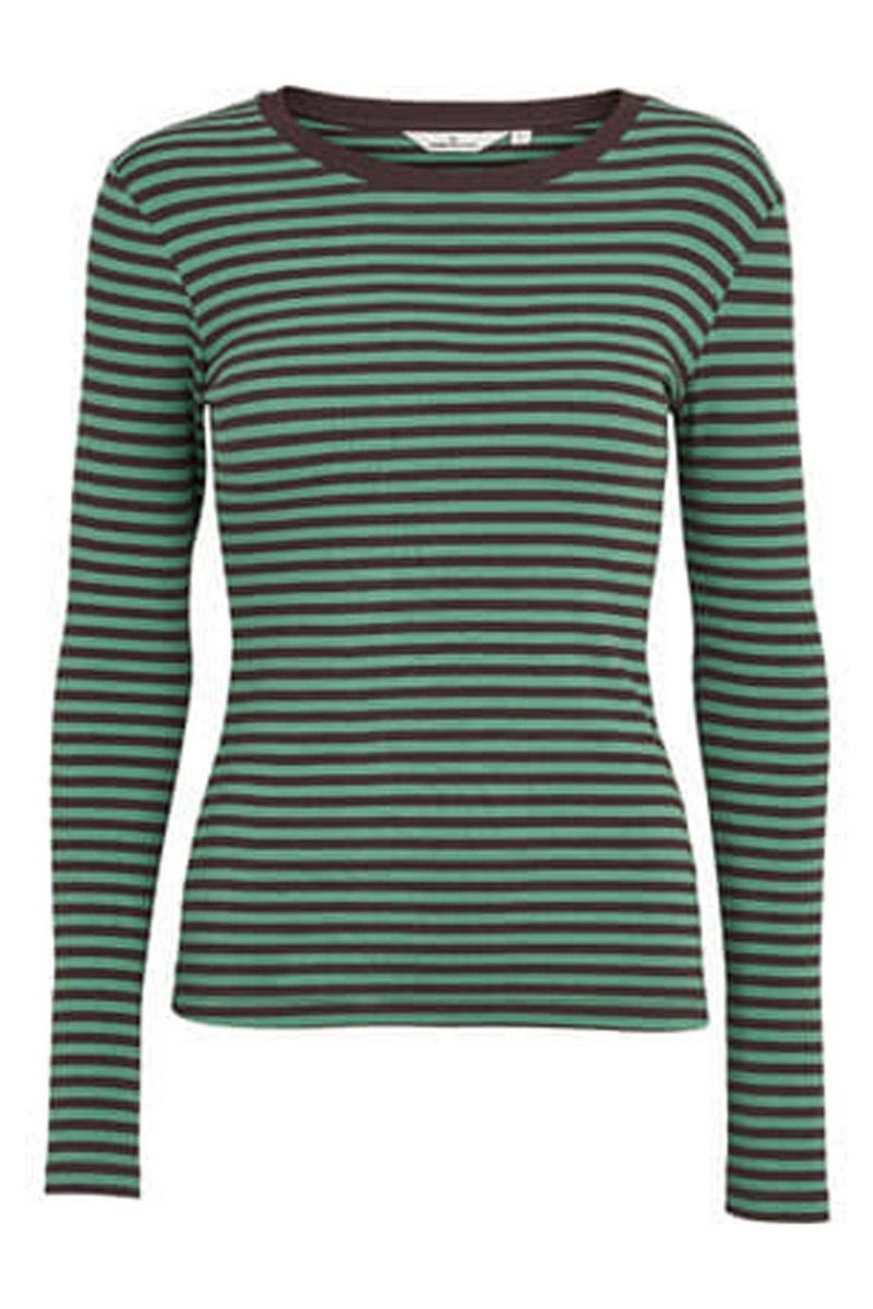 Basic Apparel - Bluse - Ludmilla LS Tee - Stripe Frosty Spruce/Chocolate Plum
