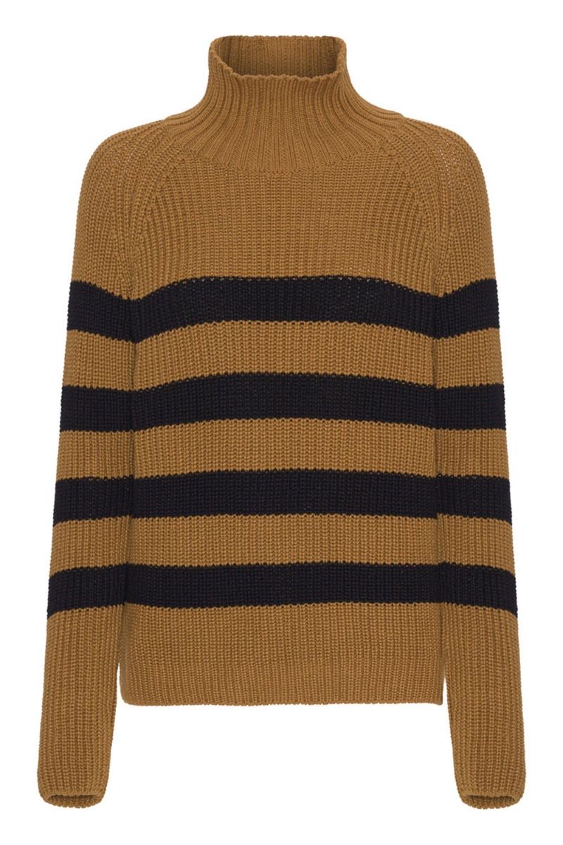 Basic Apparel - Kjole - Sweety High Neck Striped - Bronze Brown/Black Stripe