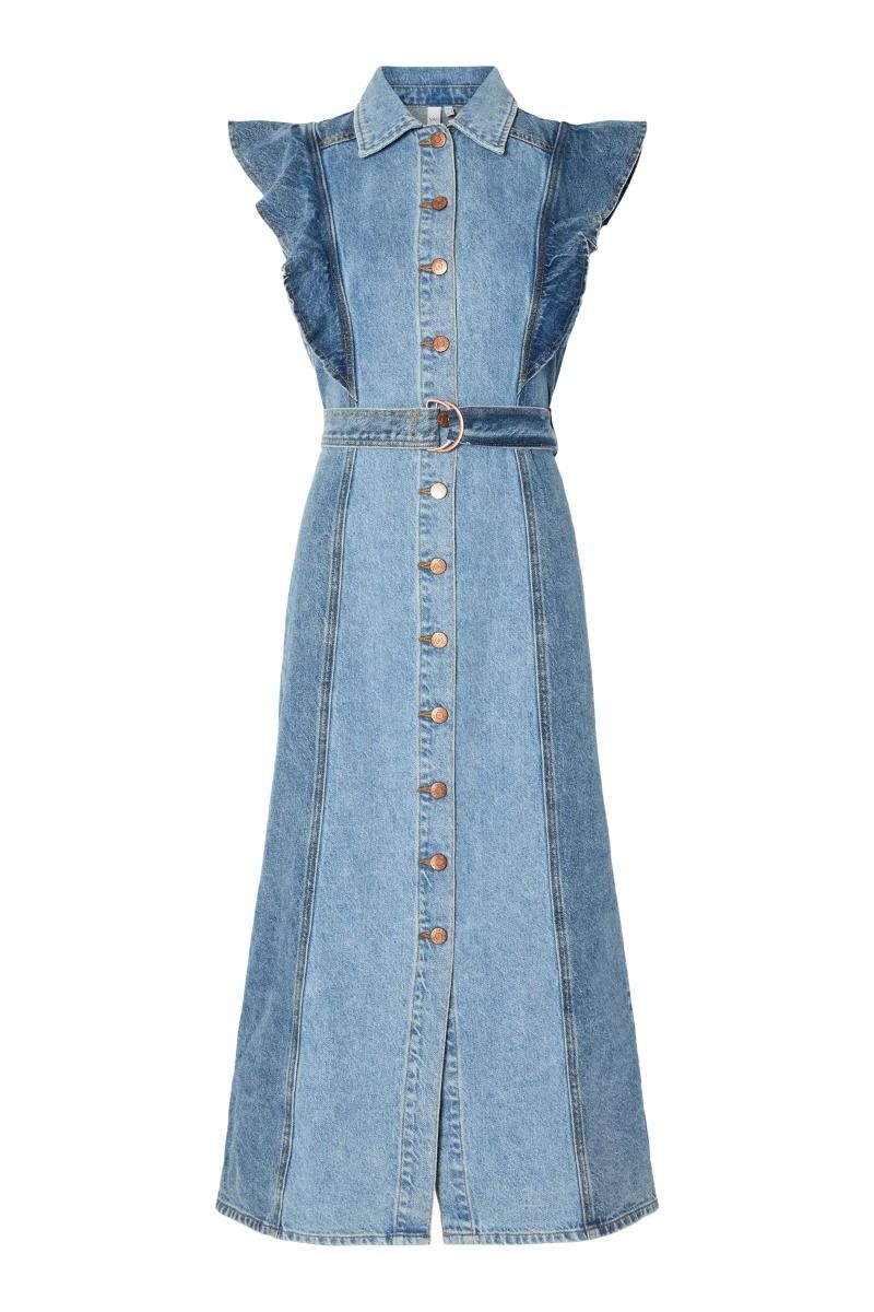 Y.A.S - Kjole - Cawi SL Denim Long Dress S. - Medium Blue Denim / Light Blue Denim Blocking (Levering midt april)