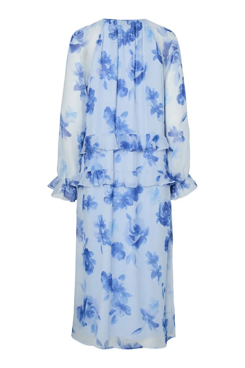 Pieces - Kjole - Clara LS Long V-Neck Dress - Cashmere Blue Blue flowers