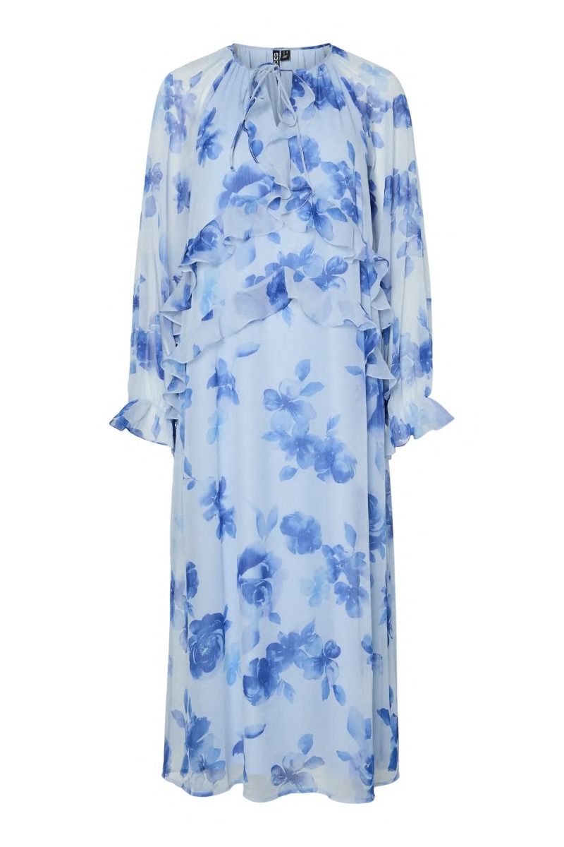 Pieces - Kjole - Clara LS Long V-Neck Dress - Cashmere Blue Blue flowers