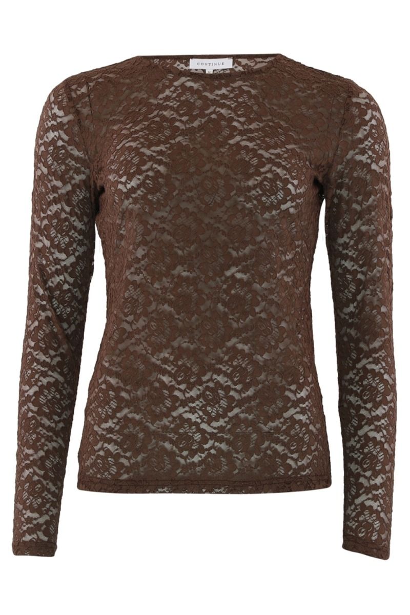 Continue -  Bluse - Alberte Lace r Neck - Brown 