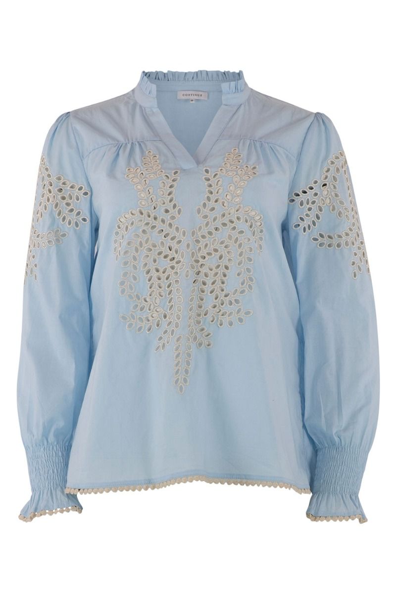 Continue - Bluse - Asta With Embrodery - Light Blue White Embrodery