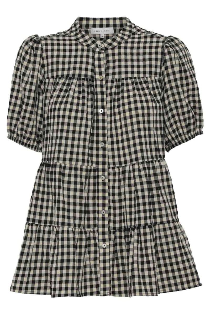 Continue - Bluse - Sanna Small Check Short Sleve - Check Black/Sand