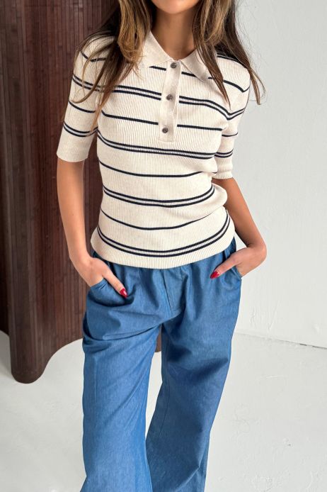 Continue - T-shirt - Eva Polo Ss - Sand/Blue Stripe