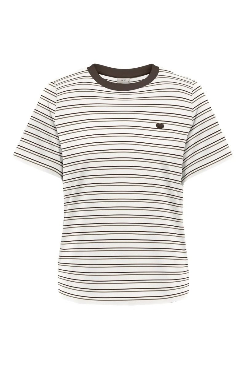 JDY - T-shirt - Pisa Life S/S Print Top - Cloud Dancer Thin Caribou/Chocolate Brown Stripes + CB Heart