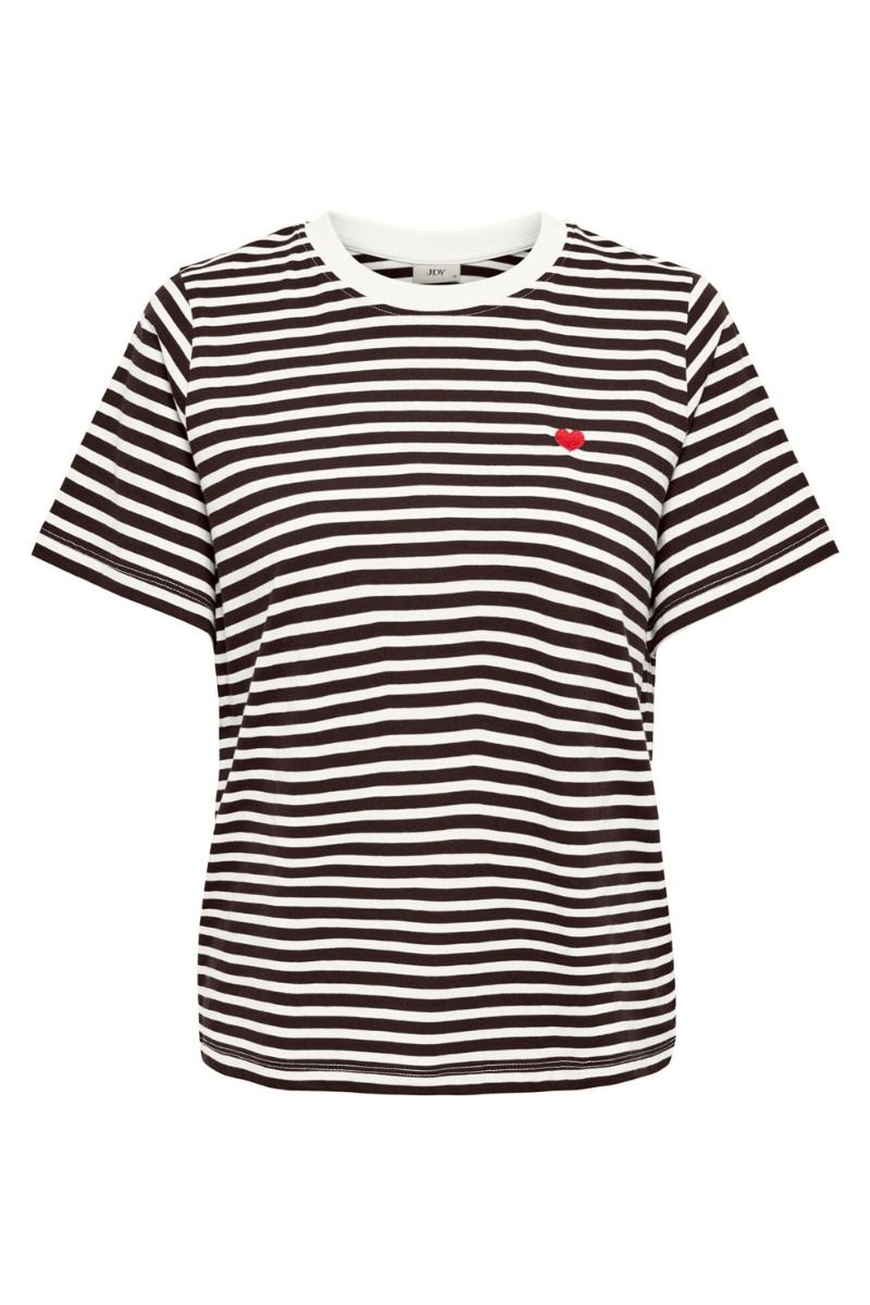 JDY - T-shirt - Pisa S/S Print top - Cloud Dancer - Chicory Coffee stripes - Red heart