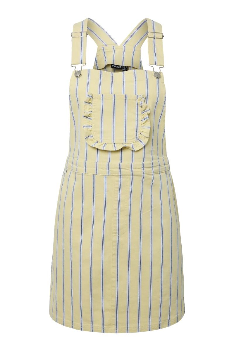 Pieces - Kjole - Billo Dungaree Denim Dress - French Vanilla Cloud Dancer & Beaucoup Blue & Oyster Mushrooms (Levering midt april)