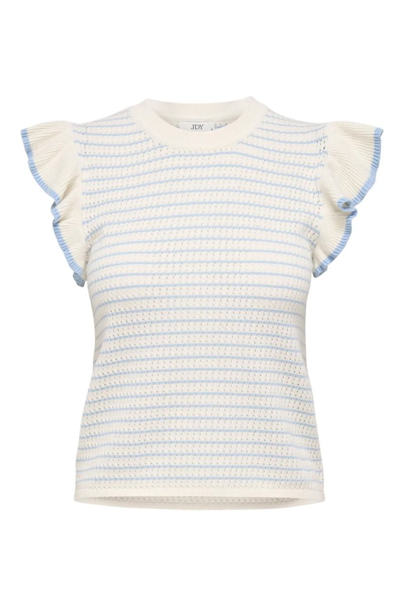 JDY - Bluse - JDYCarice S/L Frill Pullover Knt - Cloud Dancer W. Powder Blue Structure 