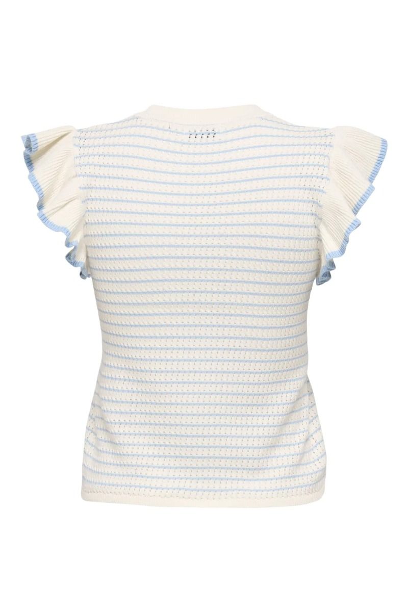 JDY - Bluse - JDYCarice S/L Frill Pullover Knt - Cloud Dancer W. Powder Blue Structure 