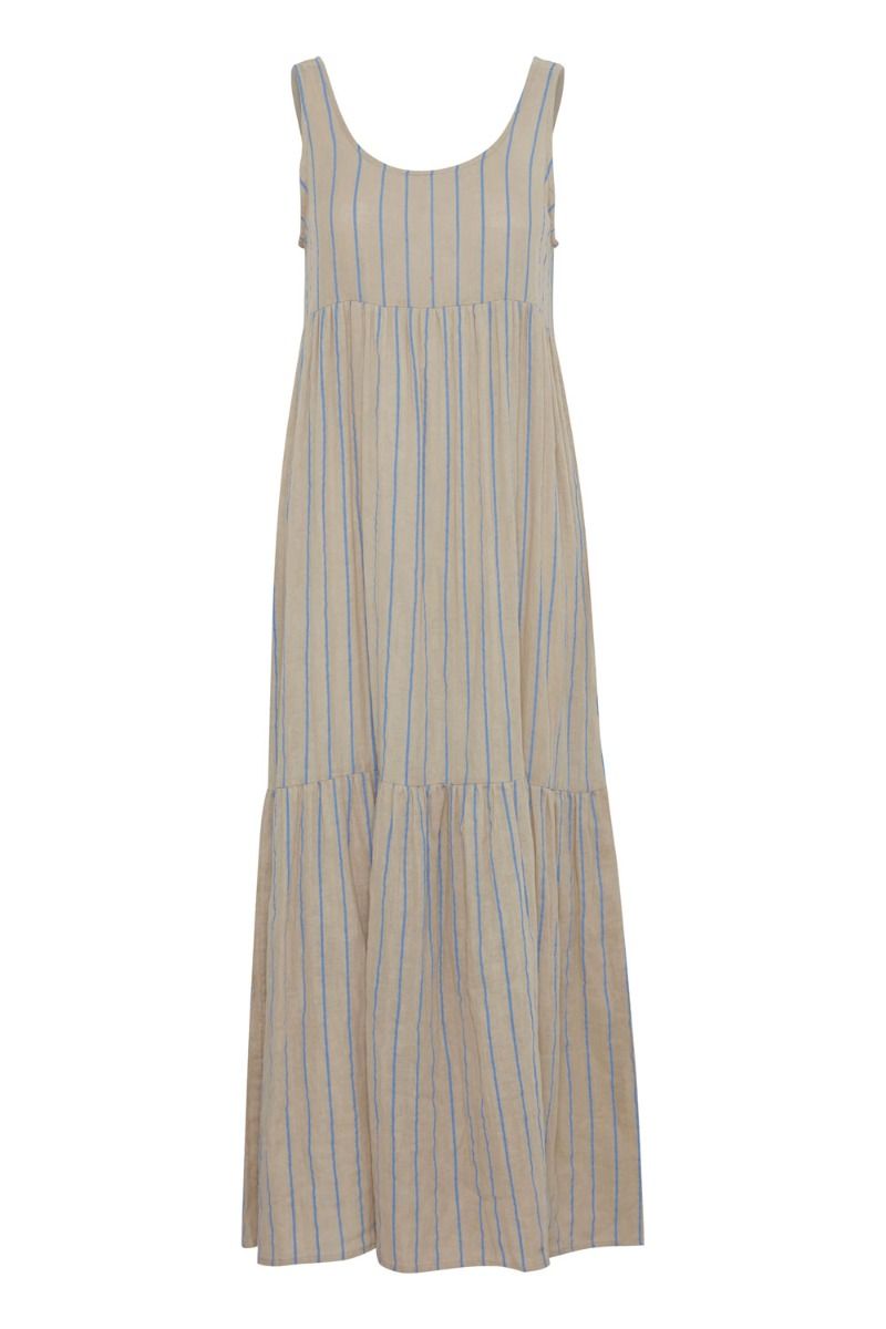 Ichi - Kjole - IA Foxa Striped Maxi Dress - Doeskin/Della Blue stripe