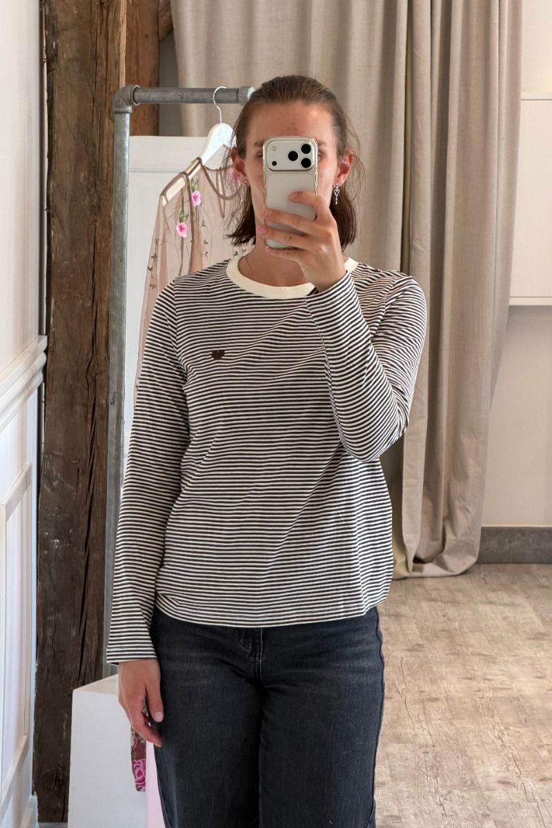 JDY - Bluse - Pisa L/S Print Top - Cloud Dancer Coffee Bean Stripes/Coffee Bean Heart