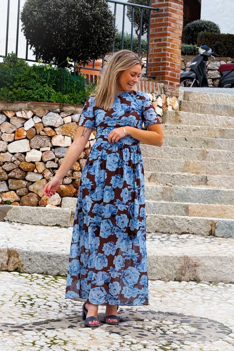Loved by Lykke - Kjole - Riise SS Dress - Brown/Blue Flower (Levering slut marts)