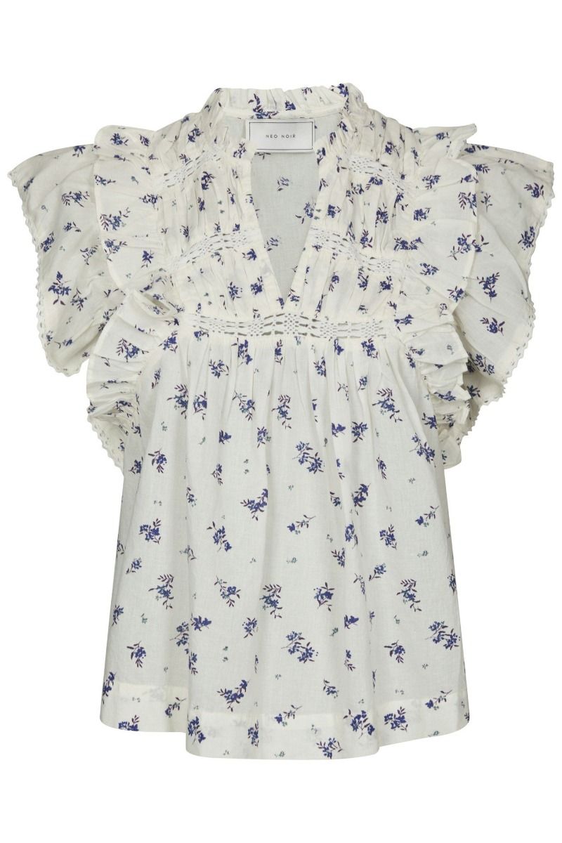 Neo Noir - Top - Jayla Small Blossom Top - White Blue (Levering midt april)