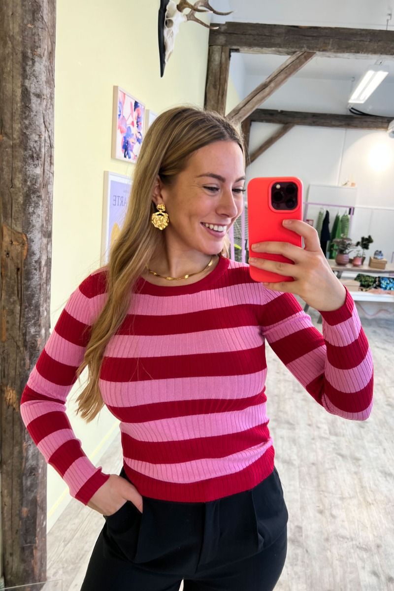 JDY - Bluse - JDY Plum LS O-neck Stripe Pullover Knit - Persian Red