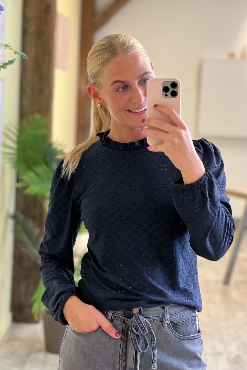 JDY - Bluse - Jdy Cathinka L/S Frill Top - Sky Captain