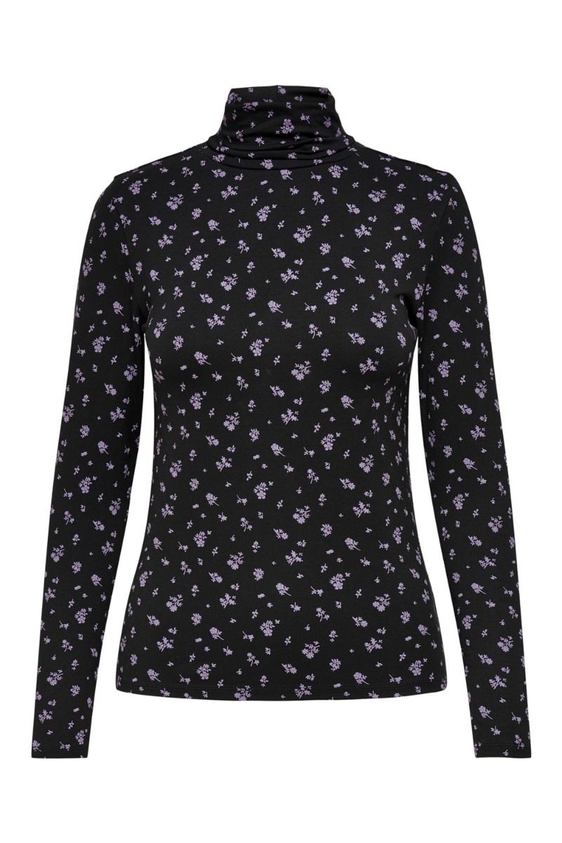 JDY - Bluse - Sandy L/S Highneck Top - Black/Purple Flower
